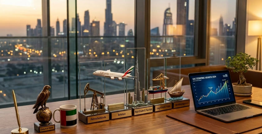 Desk with UAE industry trophies, a laptop with economic chart, and a Dubai skyline view