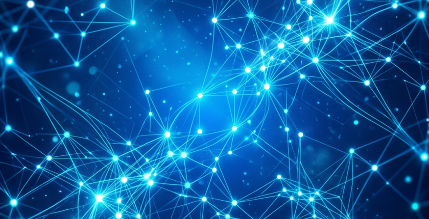 Blue glowing nodes connected by light lines forming a digital network pattern