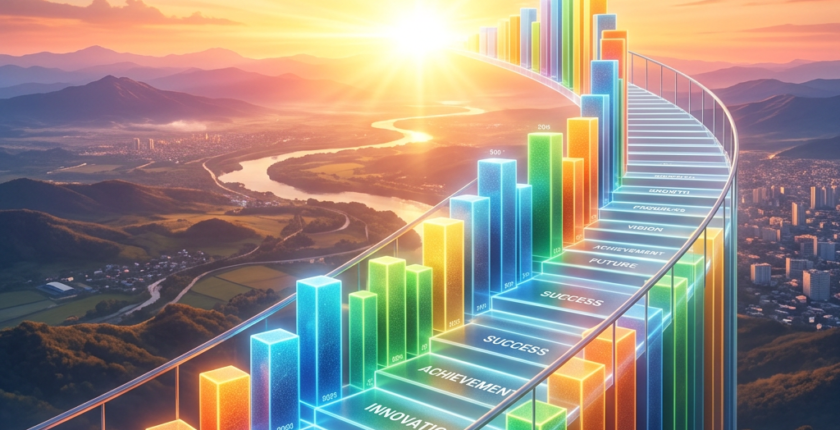 Glowing ascending bar graph pathway with words like vision, aspiration, progress, and success