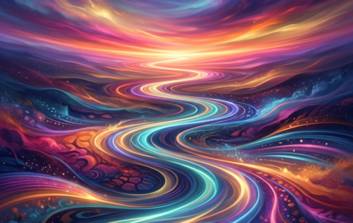 Colorful swirling cosmic river under a vibrant sunset sky