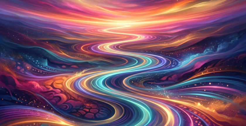 Colorful swirling cosmic river under a vibrant sunset sky