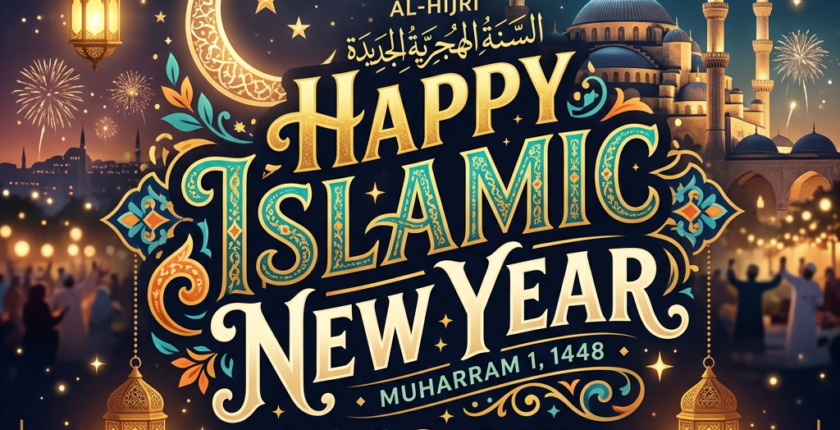 Happy Islamic New Year 1448 AH greeting with mosque and lanterns